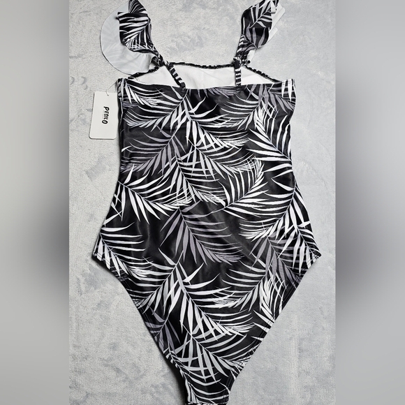 131. 🆕 Small Retro Style Square Neck Ruffled Straps Black White Palm - Picture 2 of 4